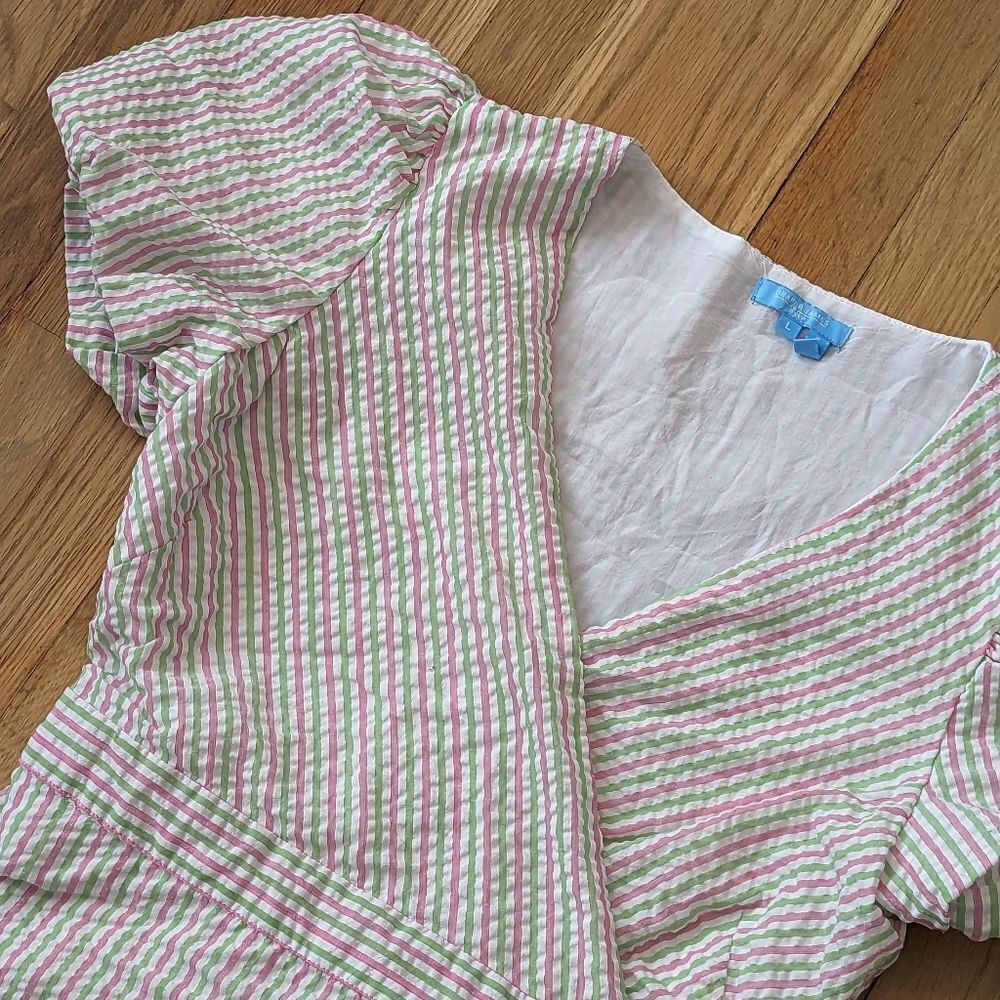 Draper James RSVP Puff Sleeve Wrap  Seersucker Ruffle Striped Dress - Picture 4 of 6